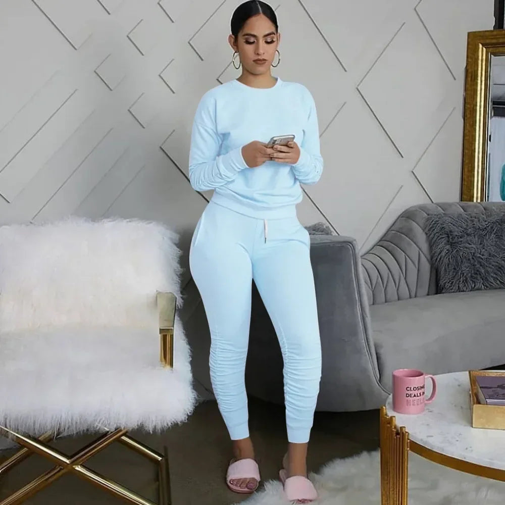 New round Neck Long Sleeve Slim Fit Warm Top Elastic Waistband Lace-up Trousers Simple Solid Color Sports Two-Piece Set