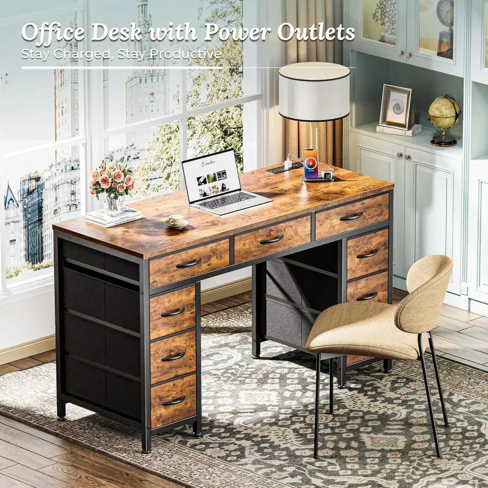 47 Inch Office Desk with Outlets, Computer Desk with 9 Fabric Drawers, Writing Gaming Work Study Desk for Bedroom,