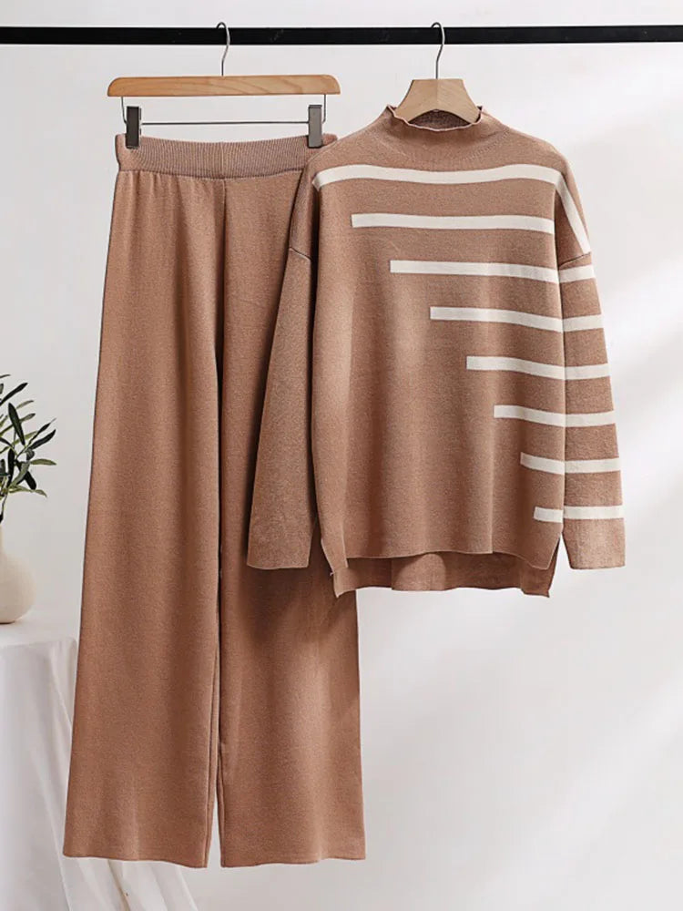 Loose Knitwear 2 Pieces Sets Women Striped Long Sleeve Knit Pullover Tops Conjuntos Korean High Waist Wide Leg Pants Tracksuit