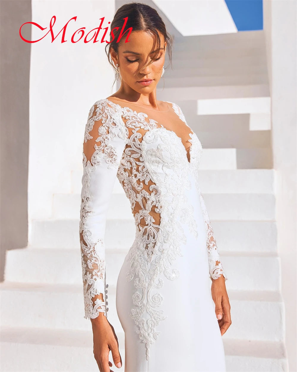 Customized Pure White Jersey Wedding Dress Delicate V-neck Long Sleeves Robe de mariée Classic Buttons Back Vestido De Novia
