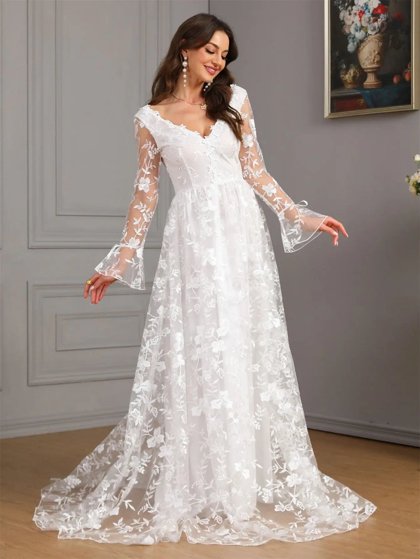 Ladies New Elegant Wedding Dress Autumn Long Sleeve Solid Color High end Wedding Dress Festival Party Evening Dress