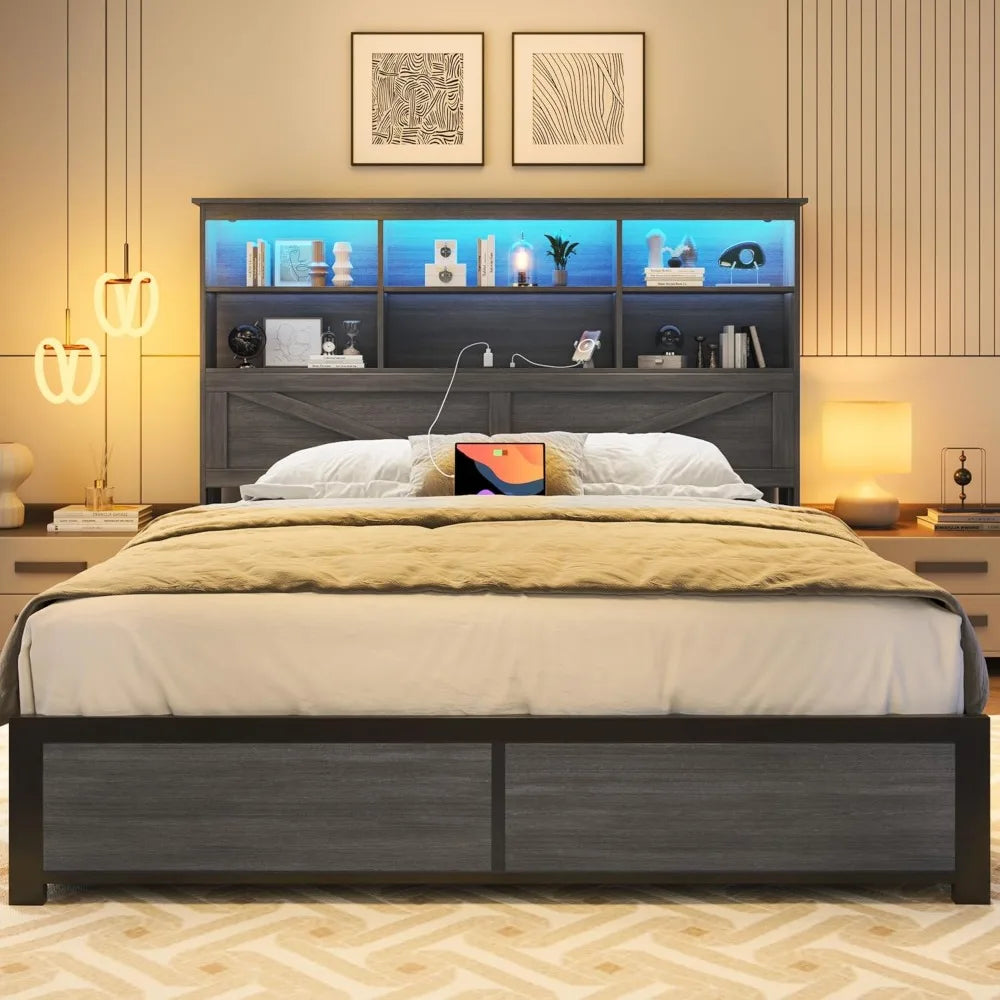 HISOFT Queen Bed Frame with Headboard, Queen Bed Frame with High Storage Bookcase, 4 Storage Drawers & LED & Charging Station,No