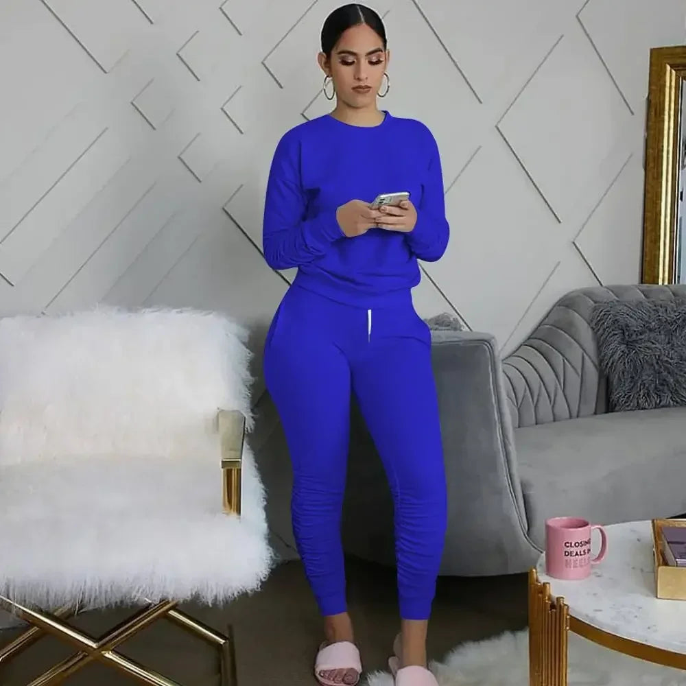 New round Neck Long Sleeve Slim Fit Warm Top Elastic Waistband Lace-up Trousers Simple Solid Color Sports Two-Piece Set