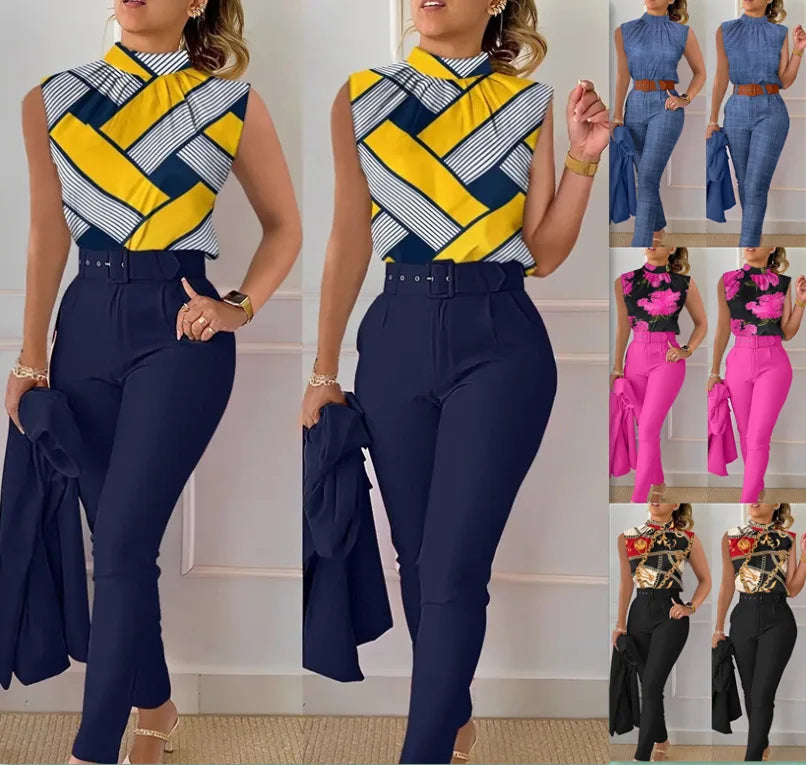 Women's Two Piece Set O Neck Sleeveless Top Pencil Pants Fashion Print With Belt Blouses Tank 2 Piece Set Female Women Clothing