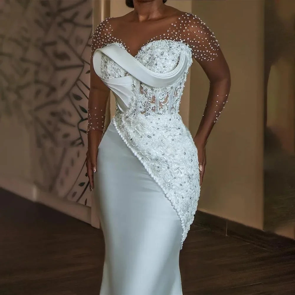 On Zhu Customized Luxury Beads Lace Wedding Dresses Sheer Long Sleeves Mermaid V Neck Sweep Train Civil Wedding Dress for Bride