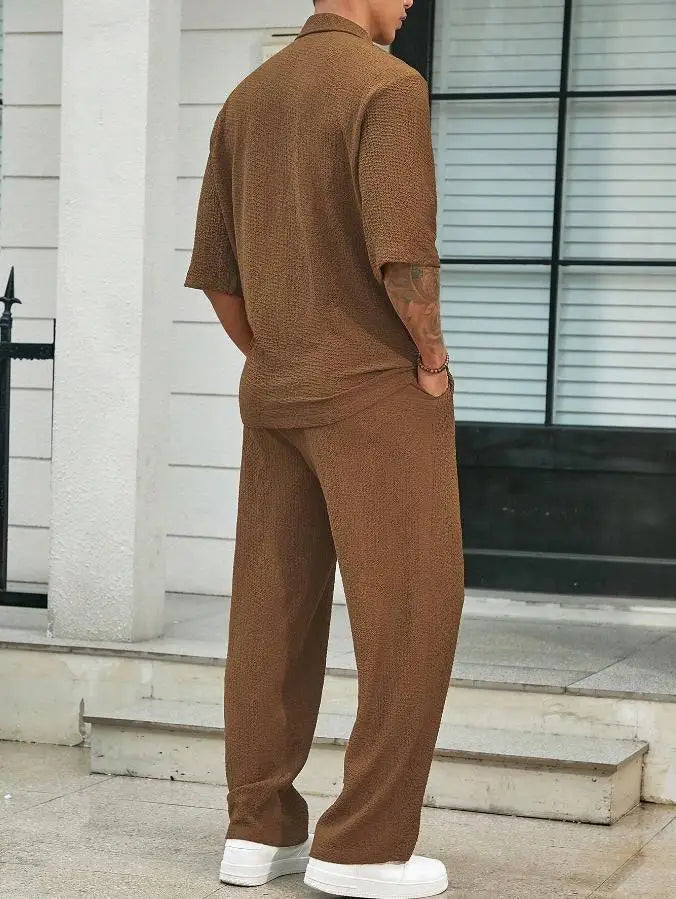 New Spring summer Men's retro casual suit collar solid color half-sleeved shirt loose drawstring pants Two-piece beach Suit