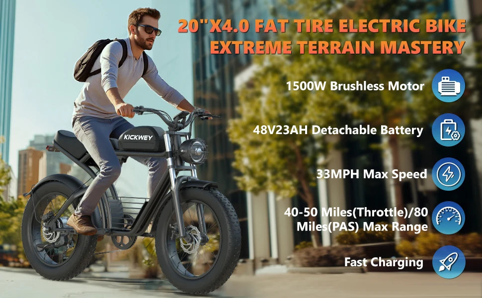 Kickwey K7 Adult Electric Bicycle 1500w 48V 23ah Mountain Electric Bike 20 Inch Fat Tire Outdoor Entertainment Off Road E Bike