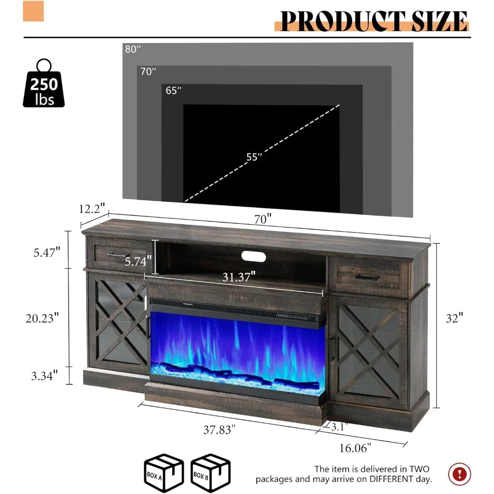 Farmhouse LED Fireplace TV Stand with 3-Sided Glass Fireplace, 70" Large Entertainment Center for TVs up to 80", Rustic TV Cons