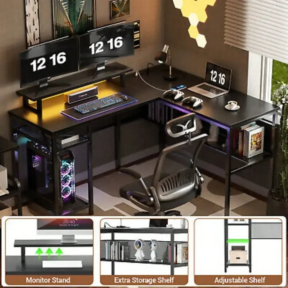 L-shaped computer desk with lighting in more than 60, 000 colors, unique grid back plate and grid bookshelves