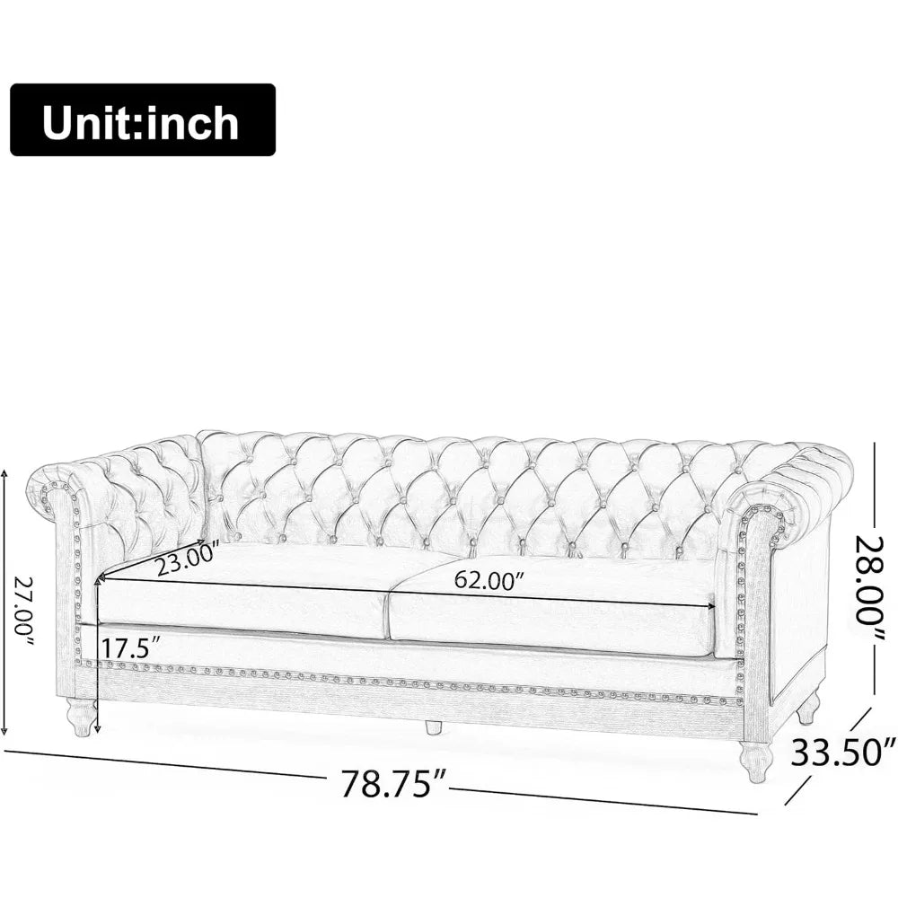 78.75 Upholstered Chesterfield Couch, Modern 3 Seater Sofa with Tufted Back and Square Arms Wood Leg, Nailhead Sofa for Living