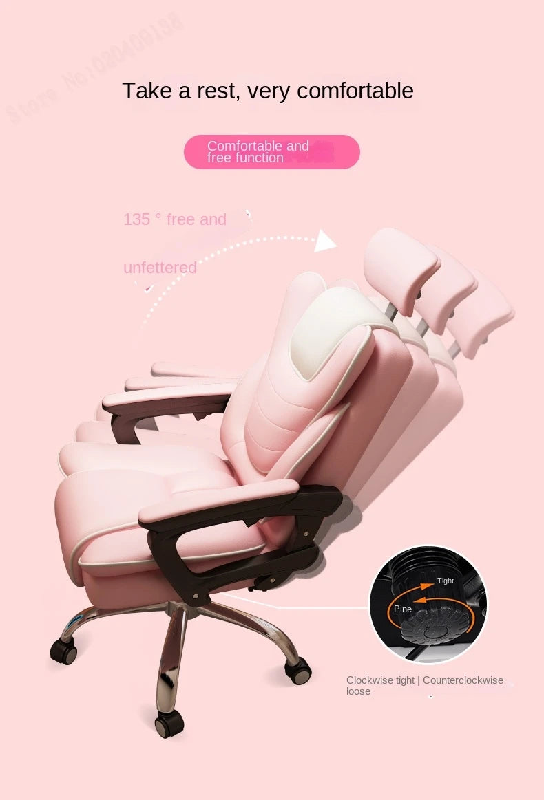Pink Gaming Chair for Girls Home Computer Office Chair Comfortable Pink PU Leater Bedroom Sofa Reclining Writing Desk Chairs