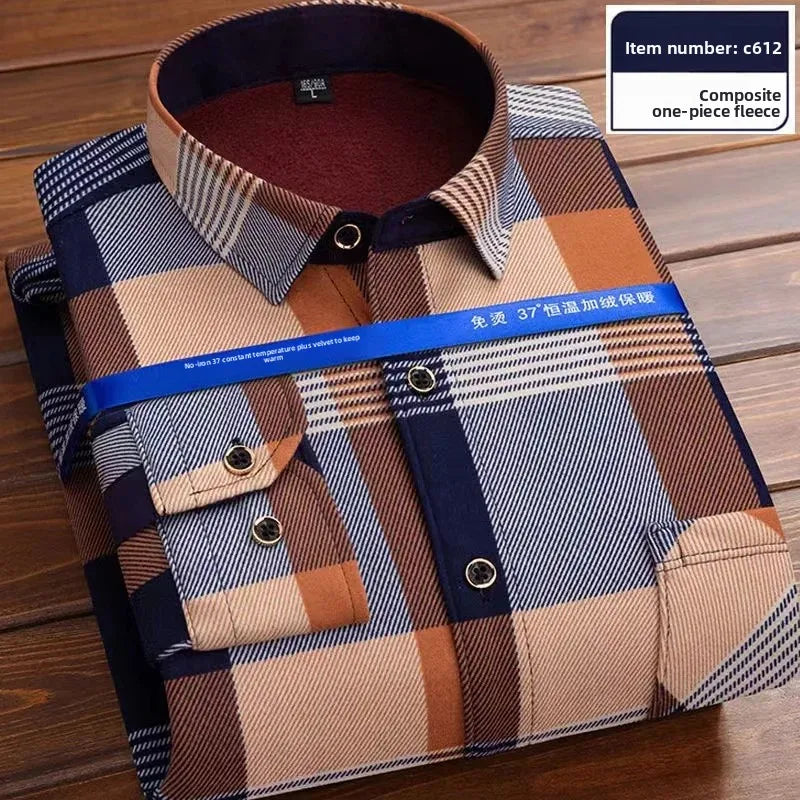 2025 Men's Autumn Winter Thick Warm Long Sleeve Plaid Shirt