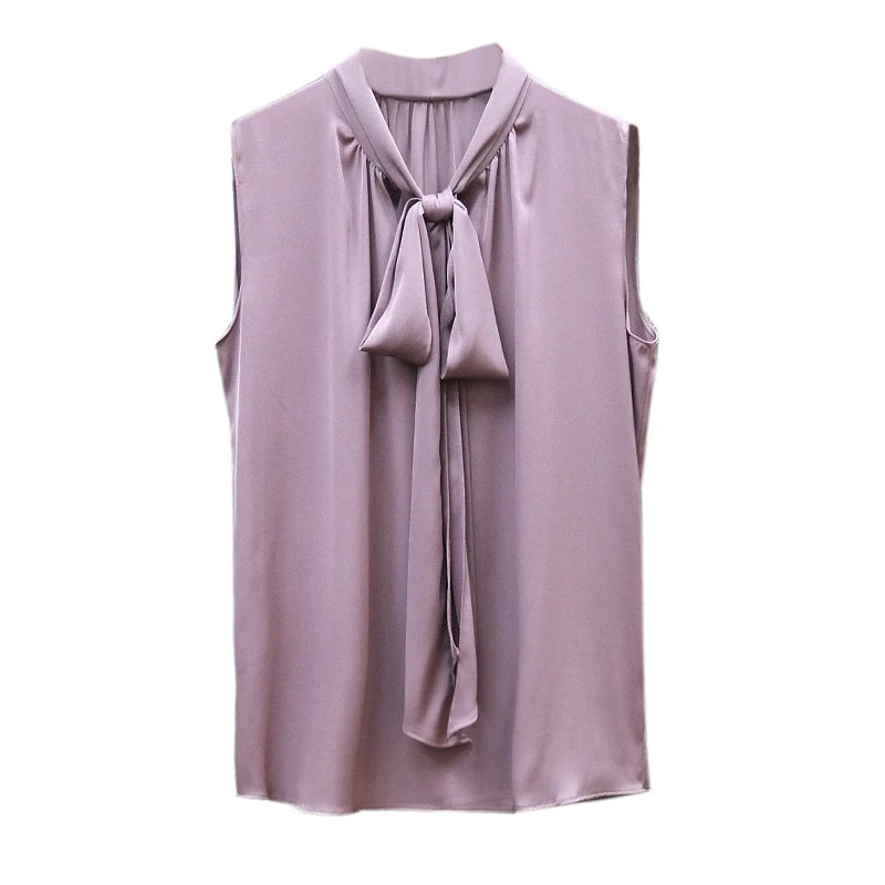 Fashion ice Silk Top Pink Acetate satin shirts blusas mujer de verano lace up bow tie Sexy elegant chiffon blouse рубашка винтаж
