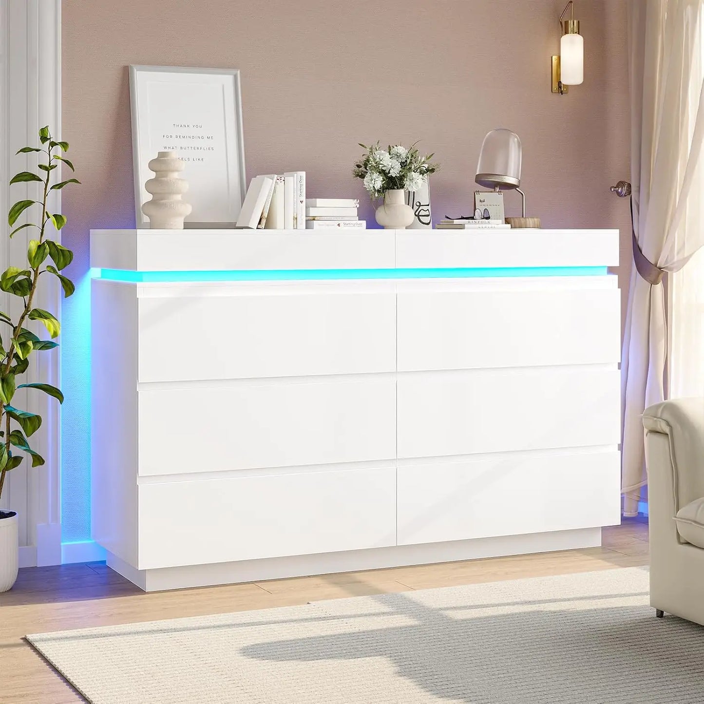Modern 6 Drawer Dresser with Sliding Desktop,Wide Chest of Drawers with Charging Station& LED Lights,Large Storage Tower Clothes