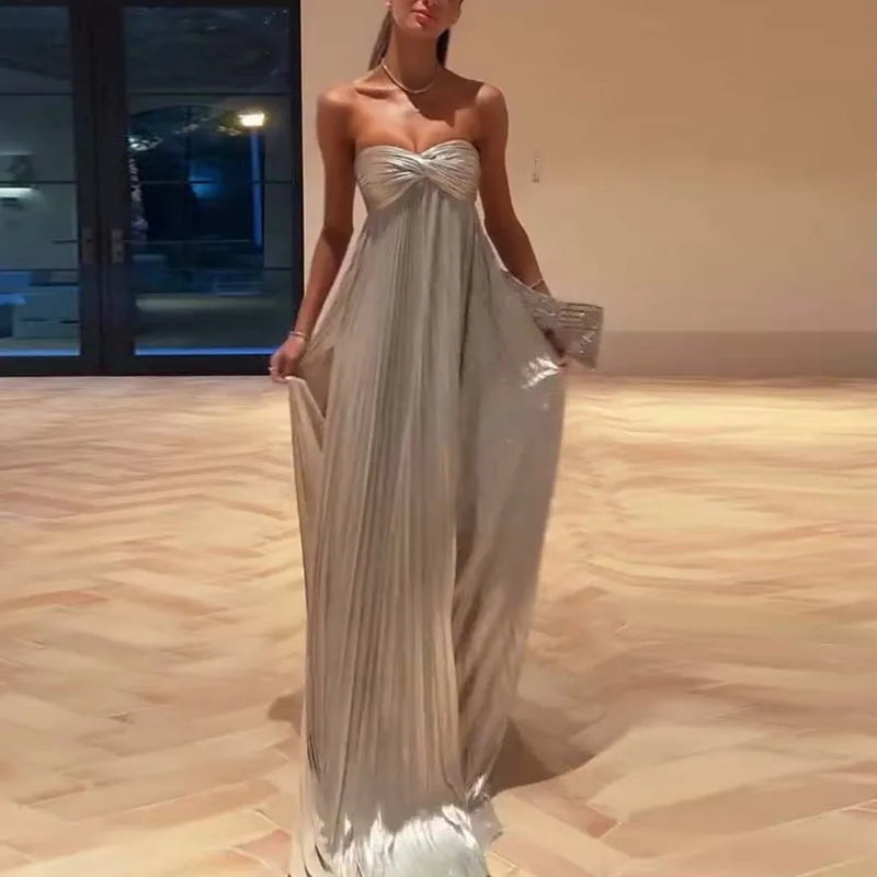 Sexy Strapless Kink Elegant Party Dresses Woman Chic Solid High Waist Pleated Maxi Dress Summer Backless Hollow Split Long Dress