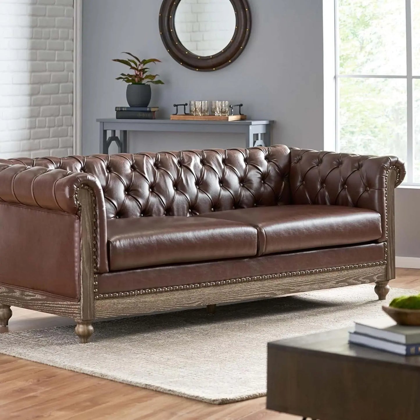 78.75 Upholstered Chesterfield Couch, Modern 3 Seater Sofa with Tufted Back and Square Arms Wood Leg, Nailhead Sofa for Living