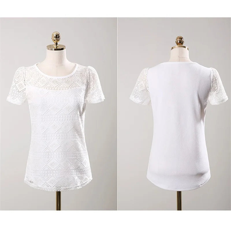 New Women Clothing Chiffon Blouse Lace Crochet Female Korean Shirts Ladies Blusas Tops Shirt White Blouses Slim Fit Tops 2024