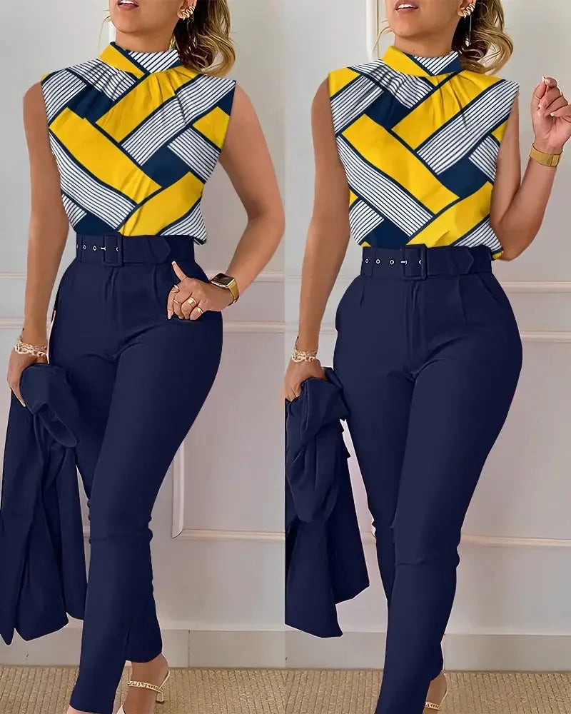 Women's Two Piece Set O Neck Sleeveless Top Pencil Pants Fashion Print With Belt Blouses Tank 2 Piece Set Female Women Clothing