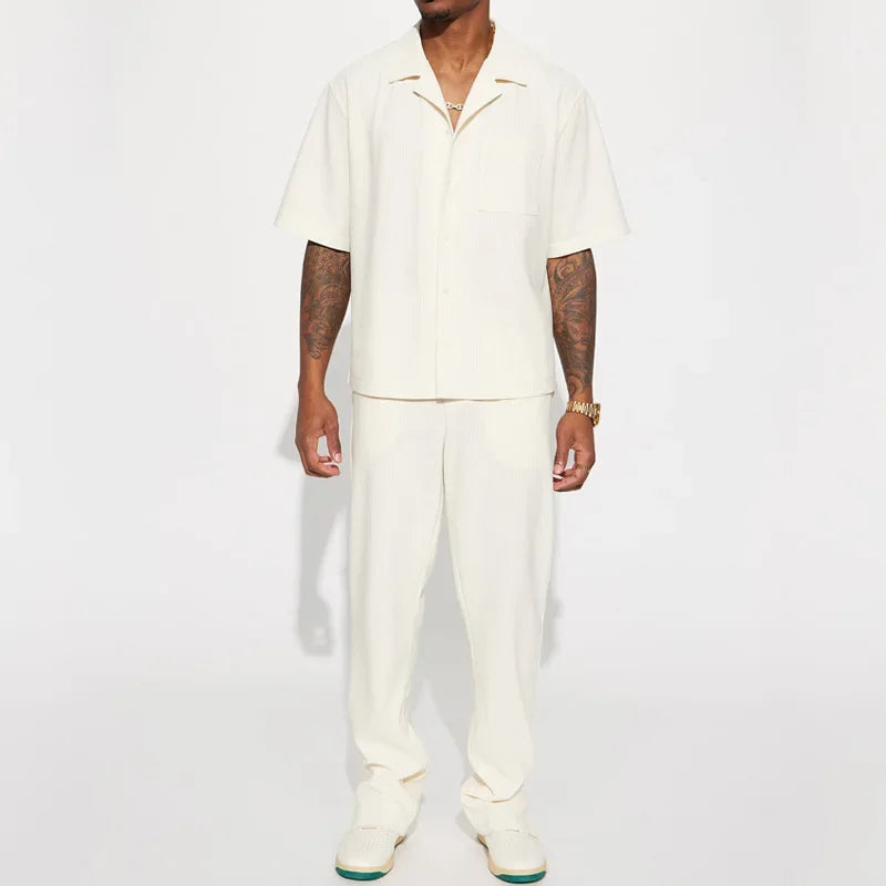 Fashion Mens Solid Color 2 Piece Suits Streetwear Trendy Loose Short Sleeve Lapel Shirt and Pants Outfits Men Summer Casual Sets