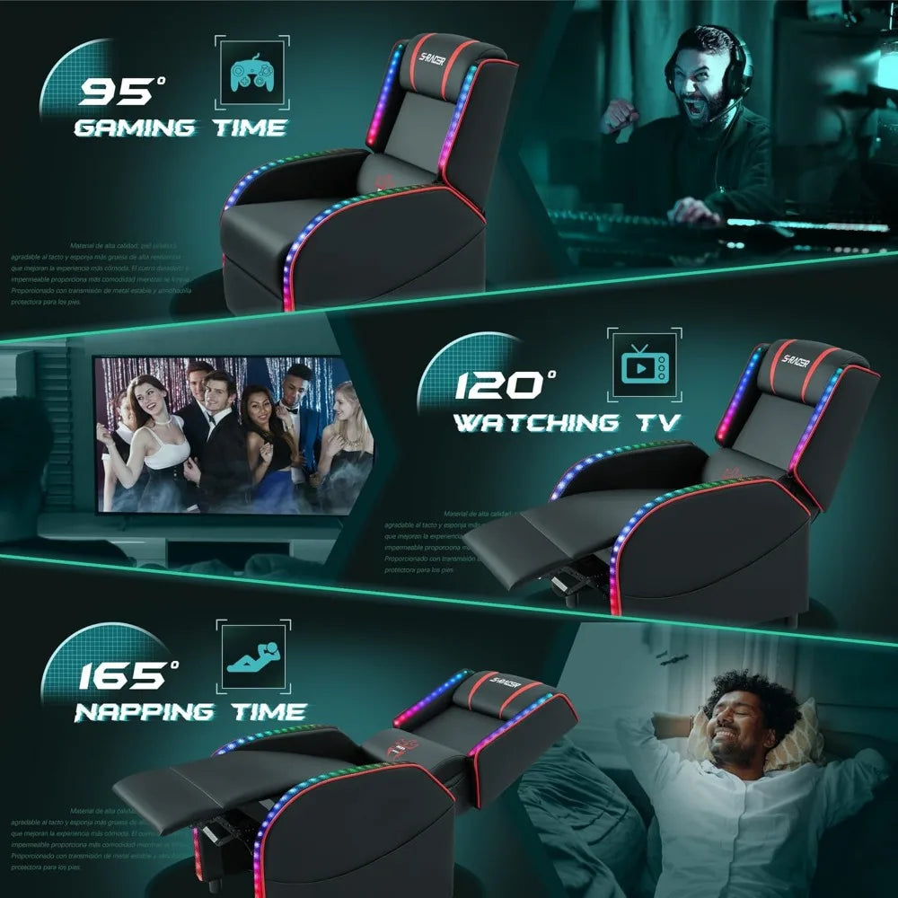 LED Gaming Massage Recliner Chair Racing Style Single Living Room Sofa Comfortable Ergonomic Home Theater Seating(Red)
