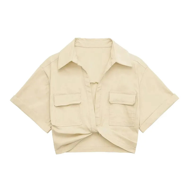 Women Safari Style Pockets Patch Knotted Linen Short Smock Blouse Lady Chic Kimono Cropped Shirt Blusas Tops