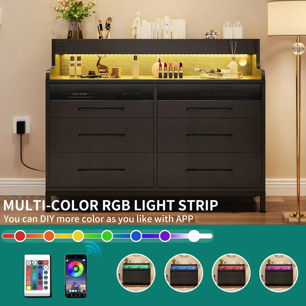 LED Dresser with 6-Drawer Bedroom Chest of Drawers File Cabinet w/Open Shelves
