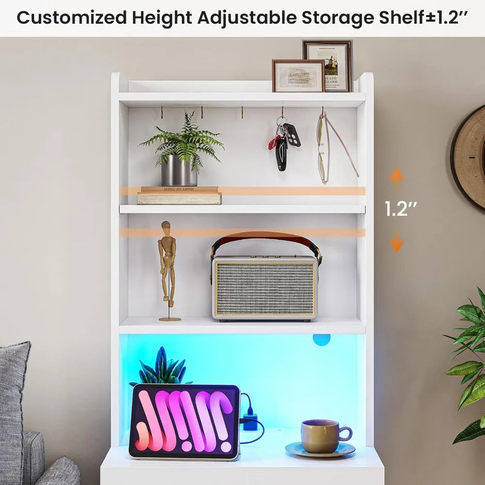 Tall Nightstand Set of 2 with Charging Station and LED Lights, White Night Stand Set 2 with Bookshelf, Modern LED Bedside Table