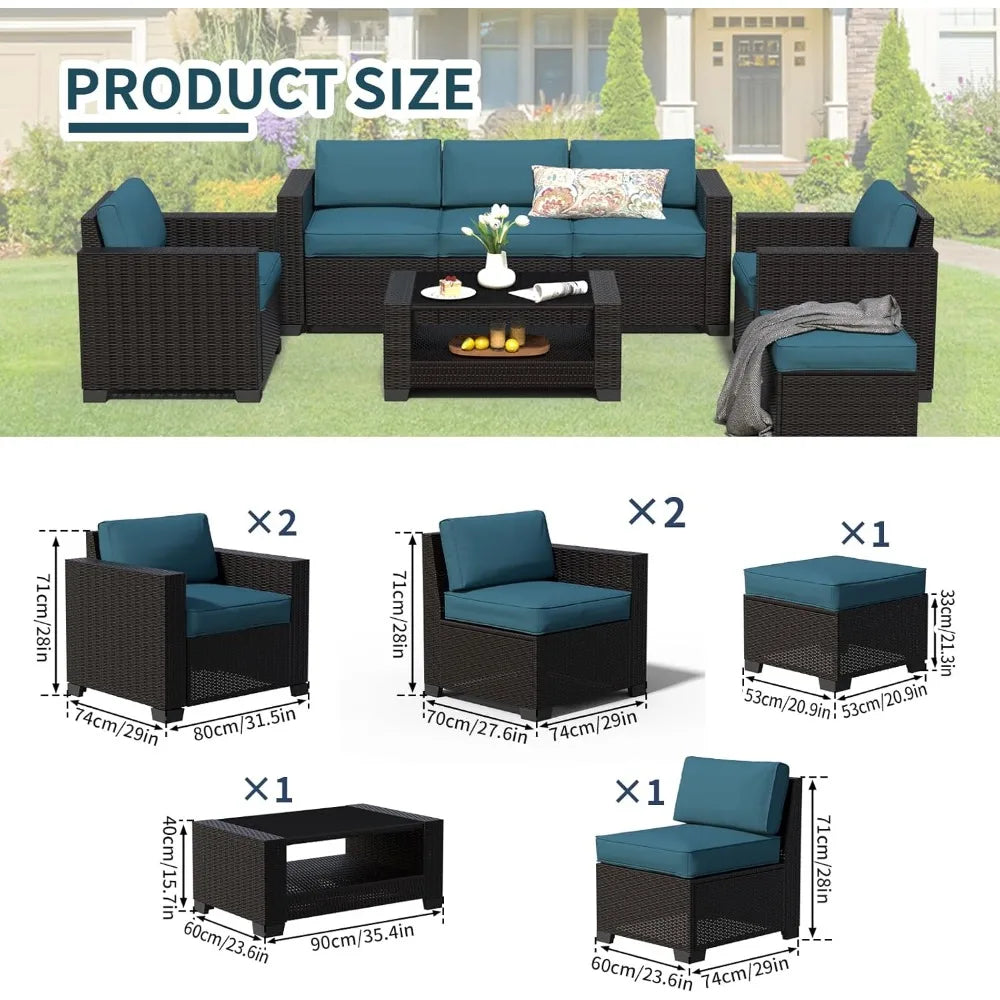 7 Piece Patio Furniture Set, Wicker Outdoor Sectional Sofa with Washable Cushion Covers and Tempered Glass Table, Rattan Convers