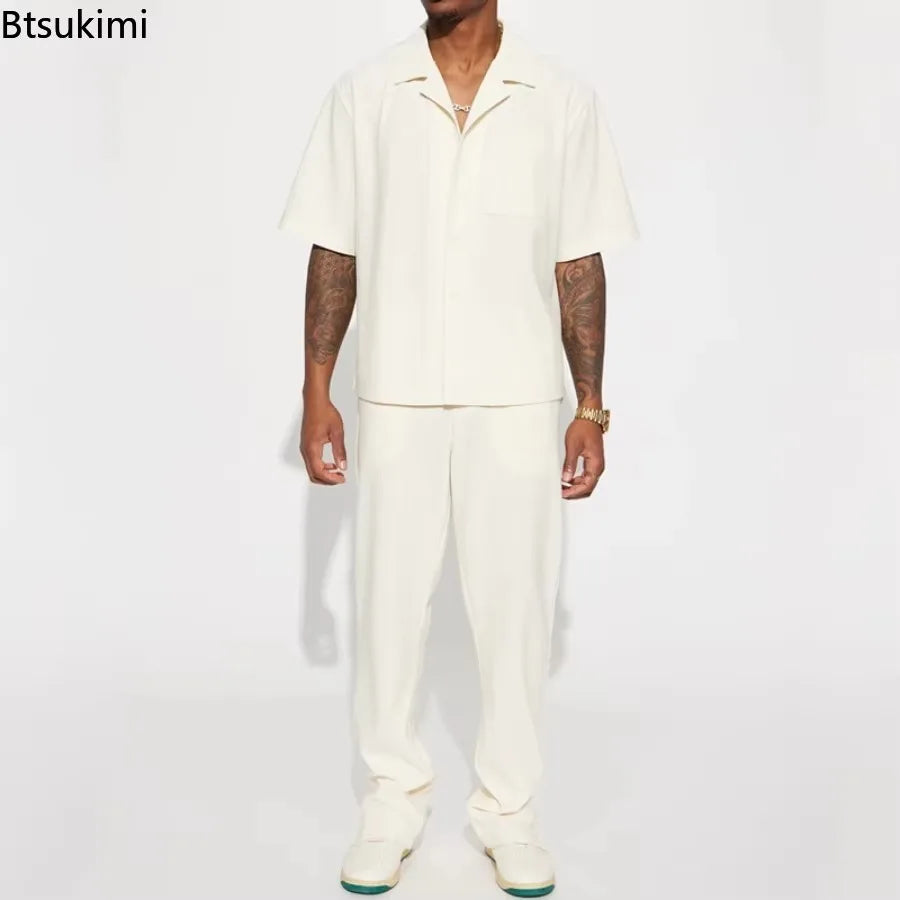 Fashion Mens Solid Color 2 Piece Suits Streetwear Trendy Loose Short Sleeve Lapel Shirt and Pants Outfits Men Summer Casual Sets