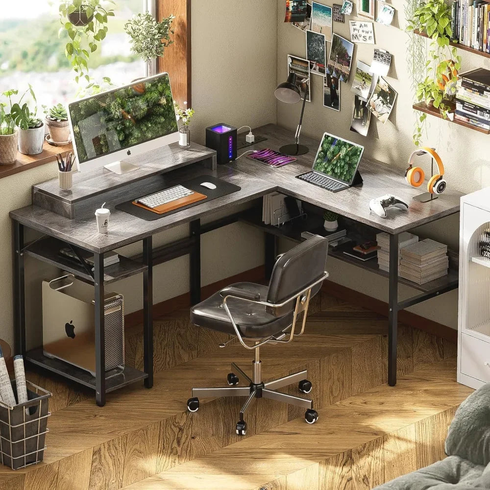 Reversible L Shaped Desk with Power Outlets and RGB LED Light, Sturdy Computer Desk with Ergonomic Monitor Stand and Storage