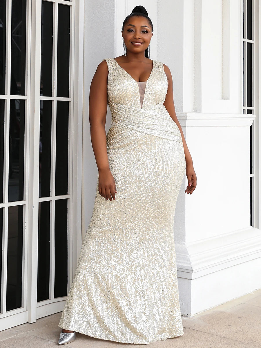 Missord Apricot Sequin Plus Size Wedding Party Dresses Elegant Women V Neck Sleeveless Bodycon Maxi Prom Dress Long Evening Gown