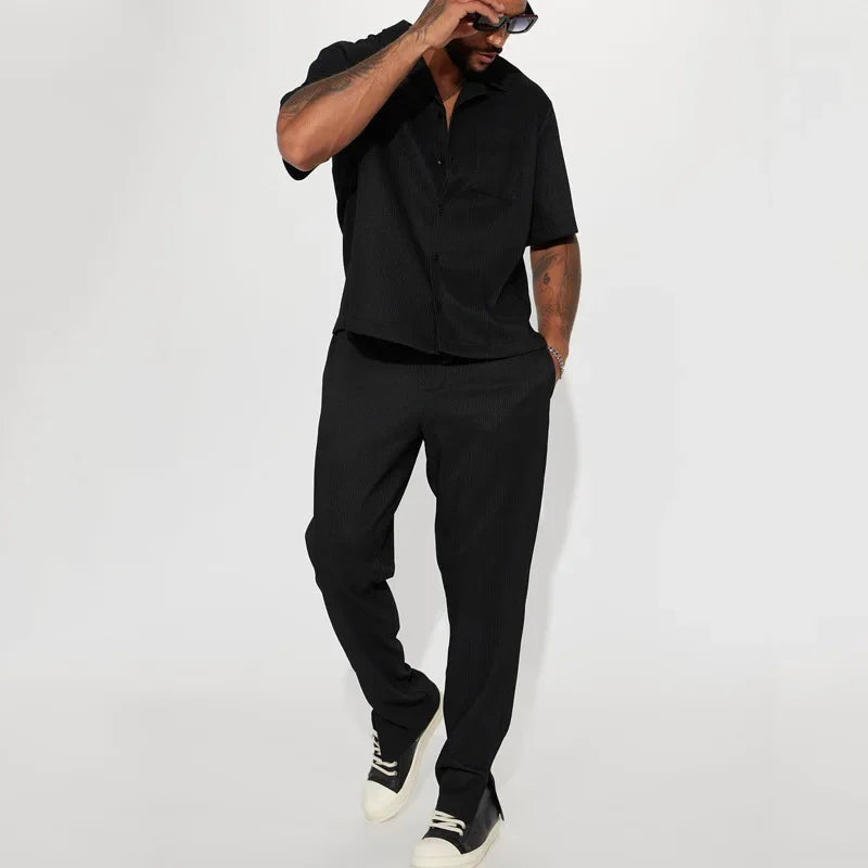Fashion Mens Solid Color 2 Piece Suits Streetwear Trendy Loose Short Sleeve Lapel Shirt and Pants Outfits Men Summer Casual Sets