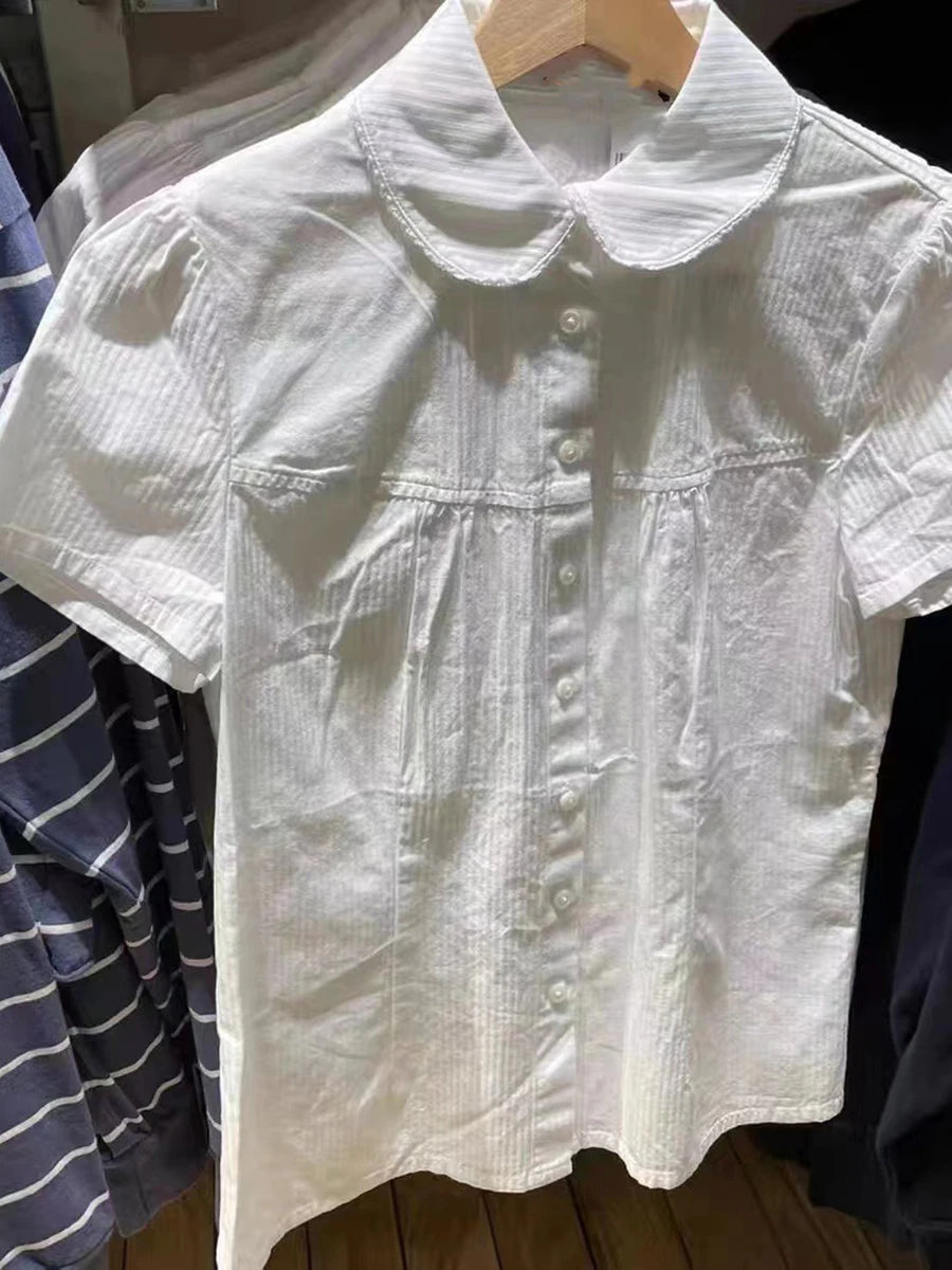 Blue Striped Short Sleeve Blouse Women Summer Peter Pan Collar Single Breasted Top Shirt Preppy Style Sweet Blouses Y2k 2025 New