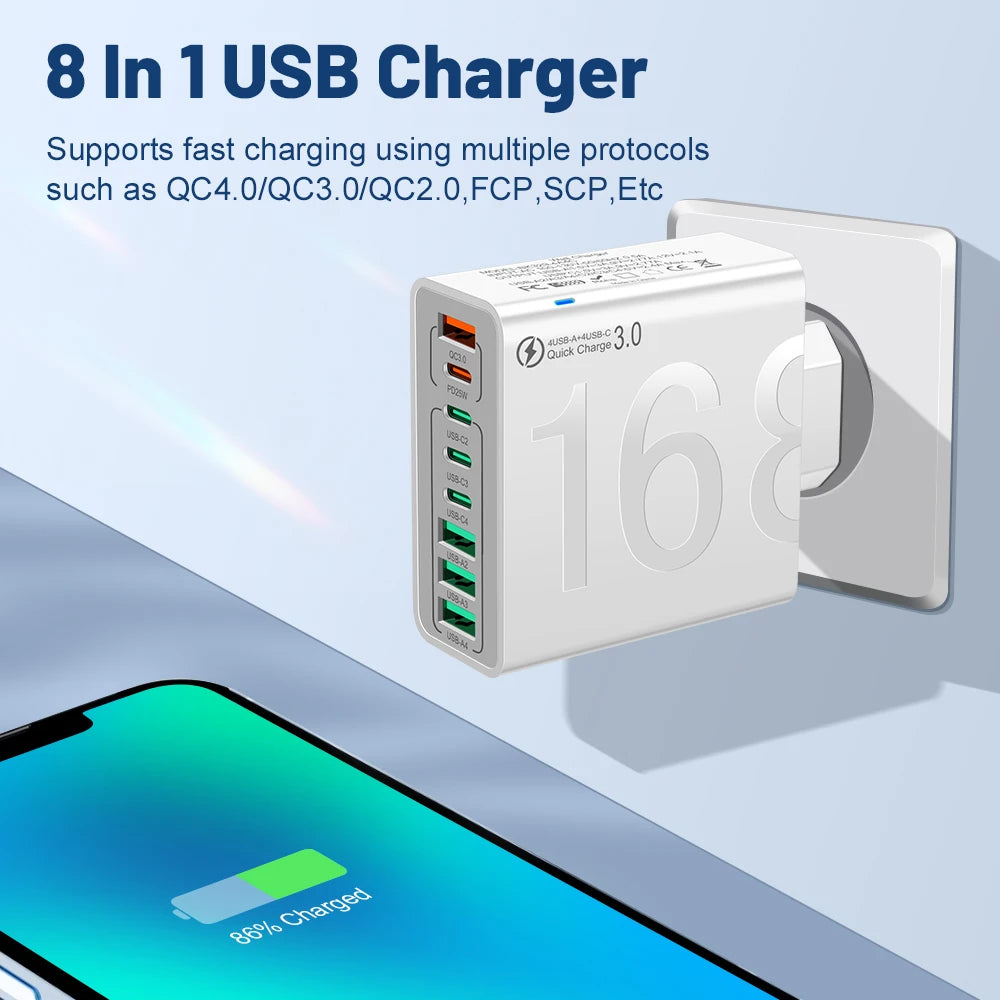 Multi Ports USB Charger 150W PD Fast Charging Phone Charger Adapter For iPhone 15 Samsung Xiaomi Type C EU/US Plug Wall Charger