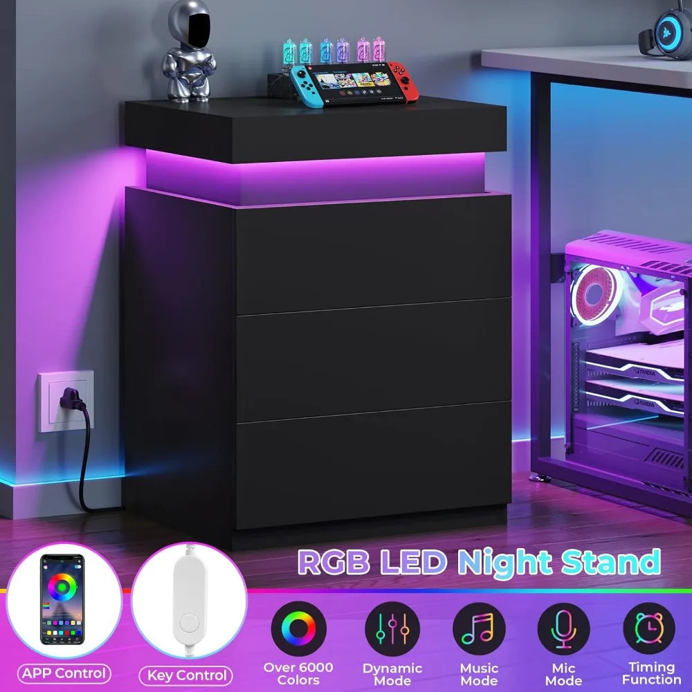 Nightstand with Charging Station and LED Lights, Led Nightstand with Sliding Top, Bedside Table with Drawers, Modern End Table S