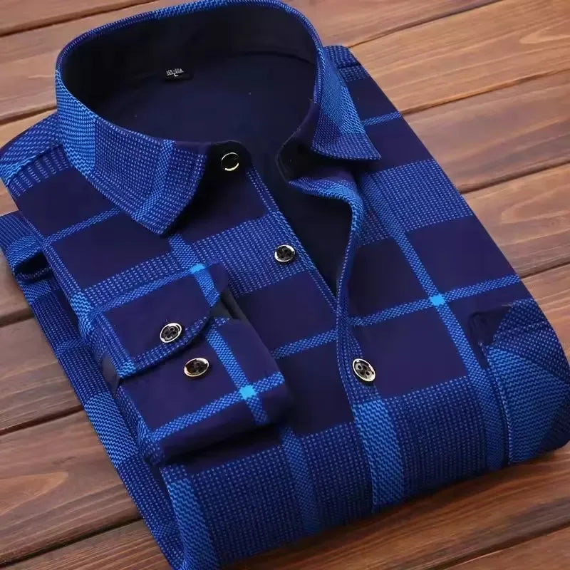 2025 Men's Autumn Winter Thick Warm Long Sleeve Plaid Shirt