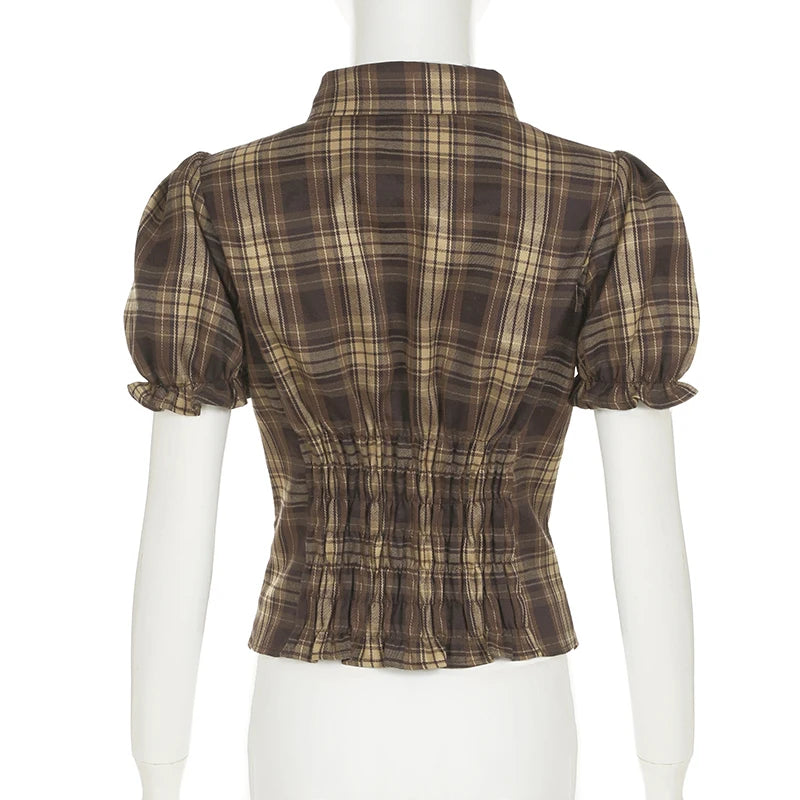 BIIKPIIK Vintage Plaid Short Sleeve Casual Shirts Gentle Sweet Turndown Collar Button Frill Puff Sleeve Shirt Spring Summer Tops