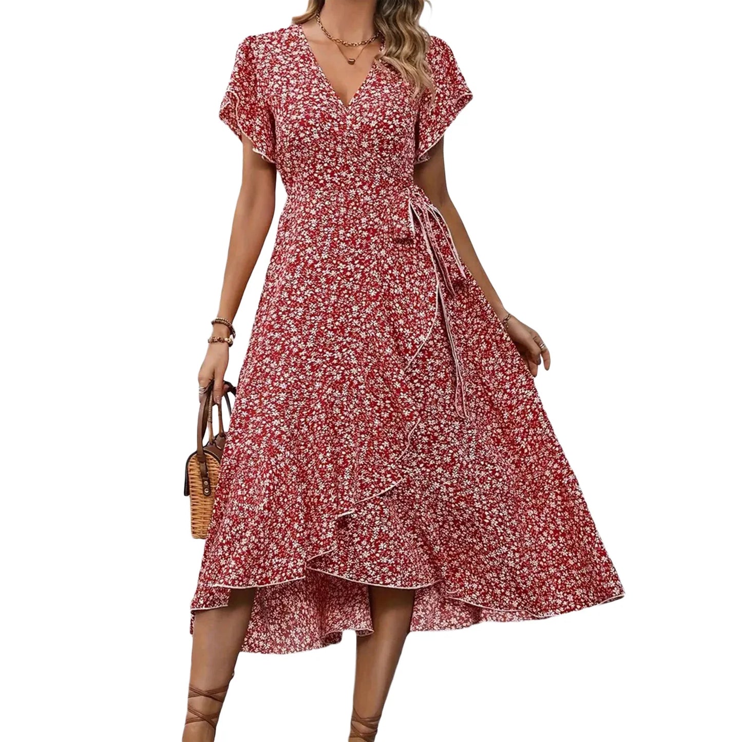 Women's Summer Flower Print Ruffle Dress Fashion Elegant Short Sleeve Wrap V Neck Tie Side Dresses