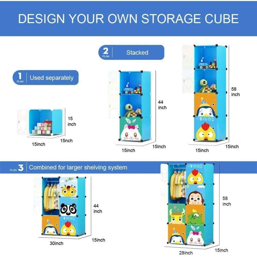 Children Wardrobe Kid Dresser Cute Baby Portable Closet Bedroom Armoire Clothes Hanging Storage Rack Cube Organizer(Blue, 6 Cub
