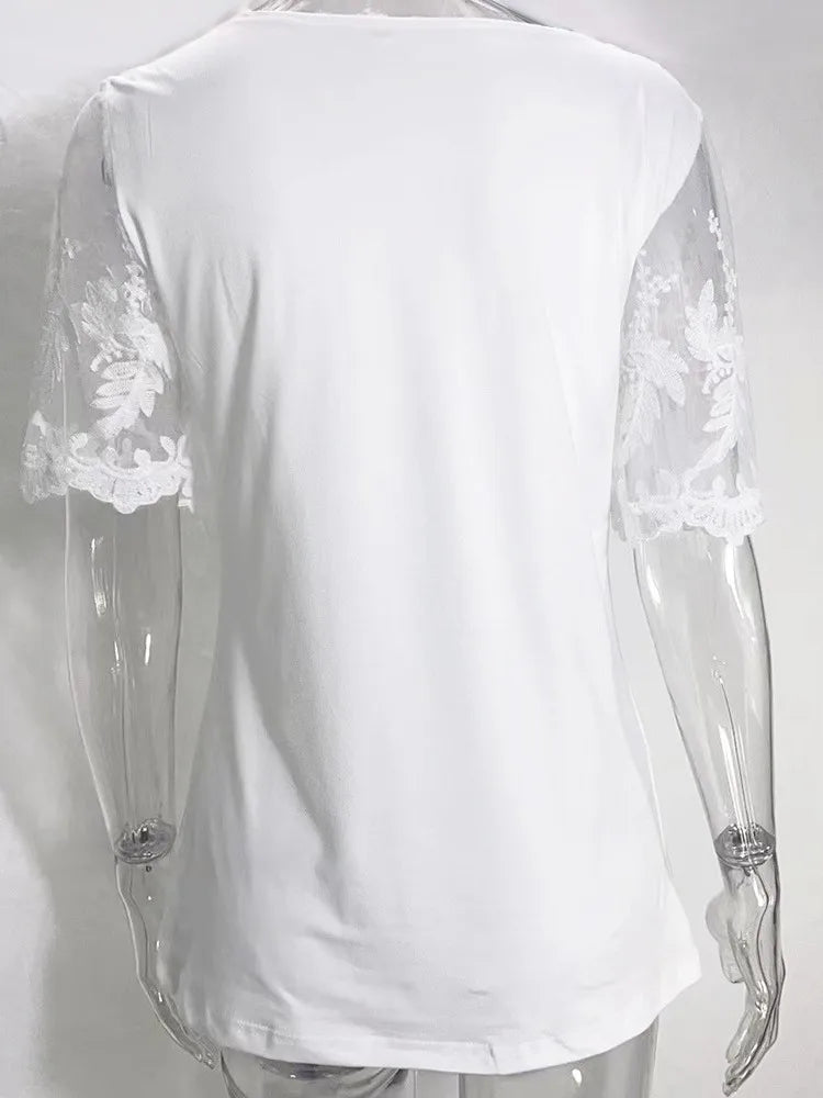 Fashion White Lace Short Sleeve Tops Women T Shirt 2023 Summer Casual Buttons Office T-shirt Tshirt Top Femme