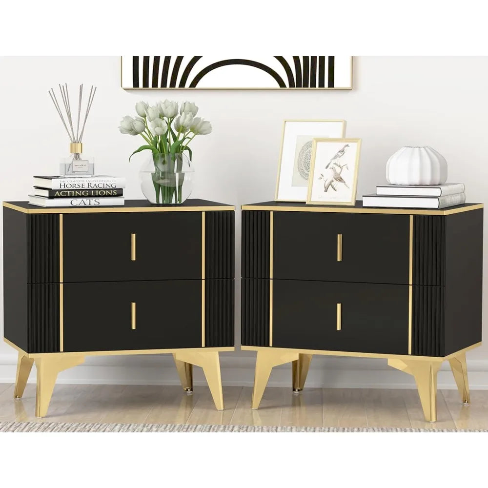 Nightstands Set of 2, Wood Bedside Table with 2 Drawers, End Table with Striped Surface Metal Handle Legs