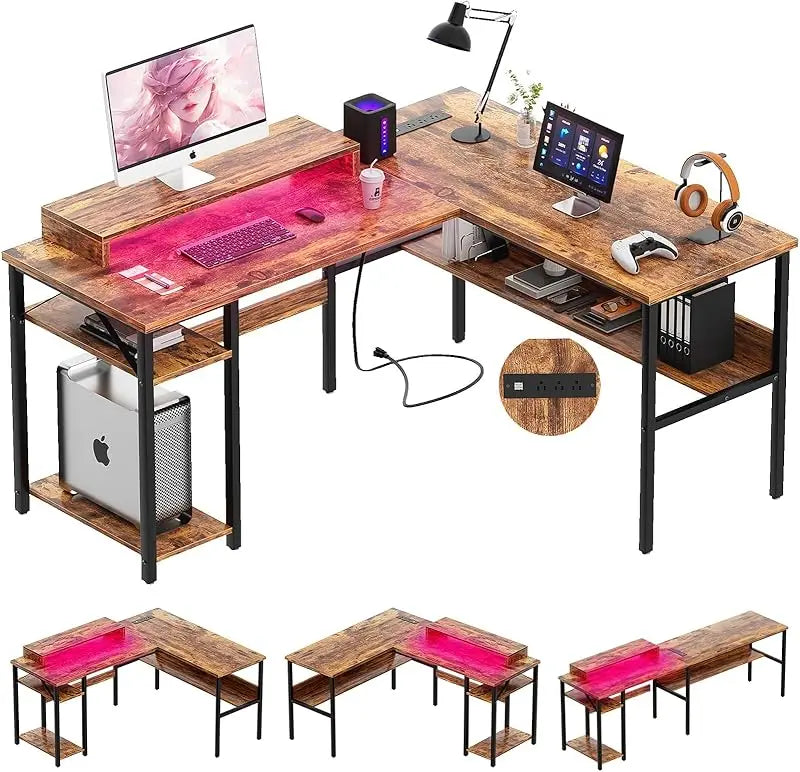 Reversible L Shaped Desk with Power Outlets and RGB LED Light, Sturdy Computer Desk with Ergonomic Monitor Stand and Storage