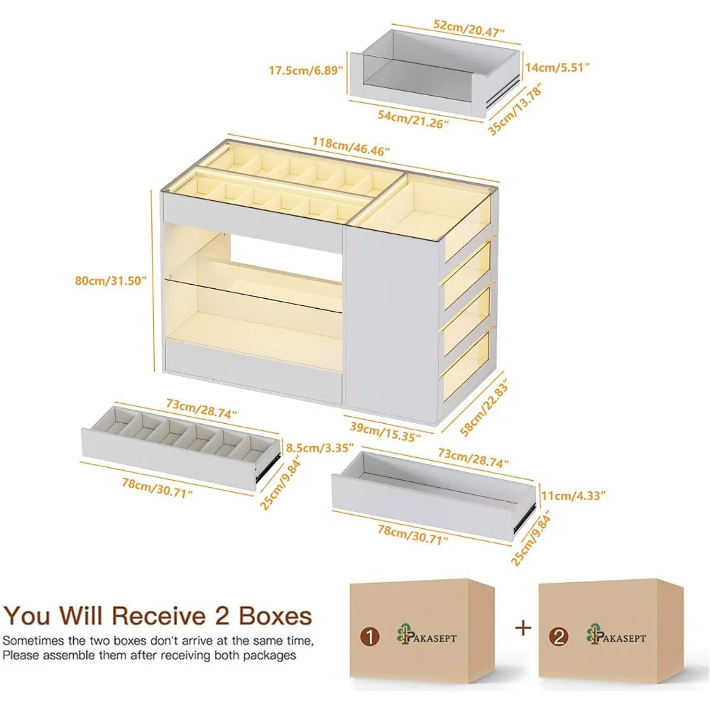 Closet Island with Drawers, Glossy Wardrobe Armoire Bedroom Island, Makeup Vanity Storage Island with Glass Tabletop&LED Light,