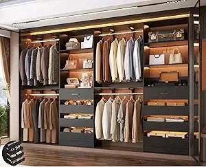 Closet System with 8 Wooden Drawers, Wood Closet Organizer System with Tower, Walk-in Closet Organizer Wardrobe Clothes Rack wi