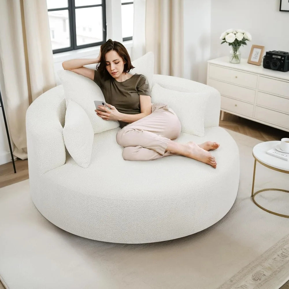 55.1” Oversized Round Swivel Barrel Chair, Large Upholstered Accent Sofa Chair with 3 Pillow,Comfy Chenille Cloud Circle Reading
