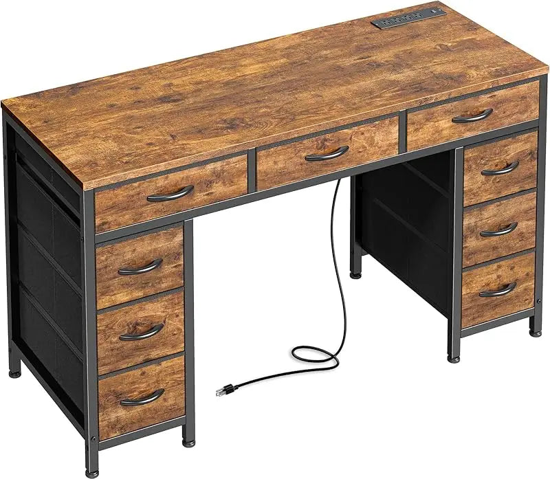 47 Inch Office Desk with Outlets, Computer Desk with 9 Fabric Drawers, Writing Gaming Work Study Desk for Bedroom,