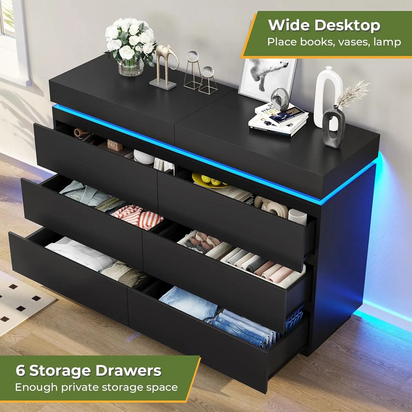 Modern 6 Drawer Dresser with Sliding Desktop,Wide Chest of Drawers with Charging Station& LED Lights,Large Storage Tower Clothes