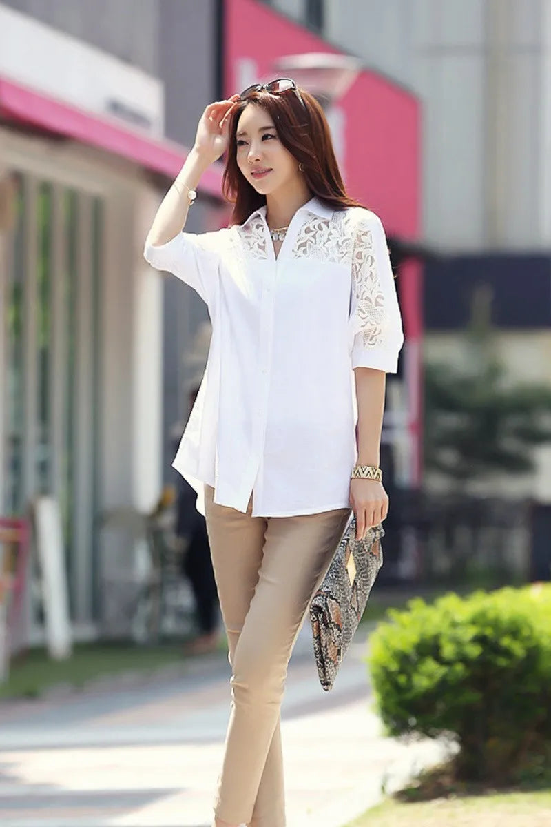 Sexy Lace Patchwork White Chiffon Button Up Shirt for Women Summer Casual Simple Loose Half Sleeve Ladies Tops Blouses Clothing