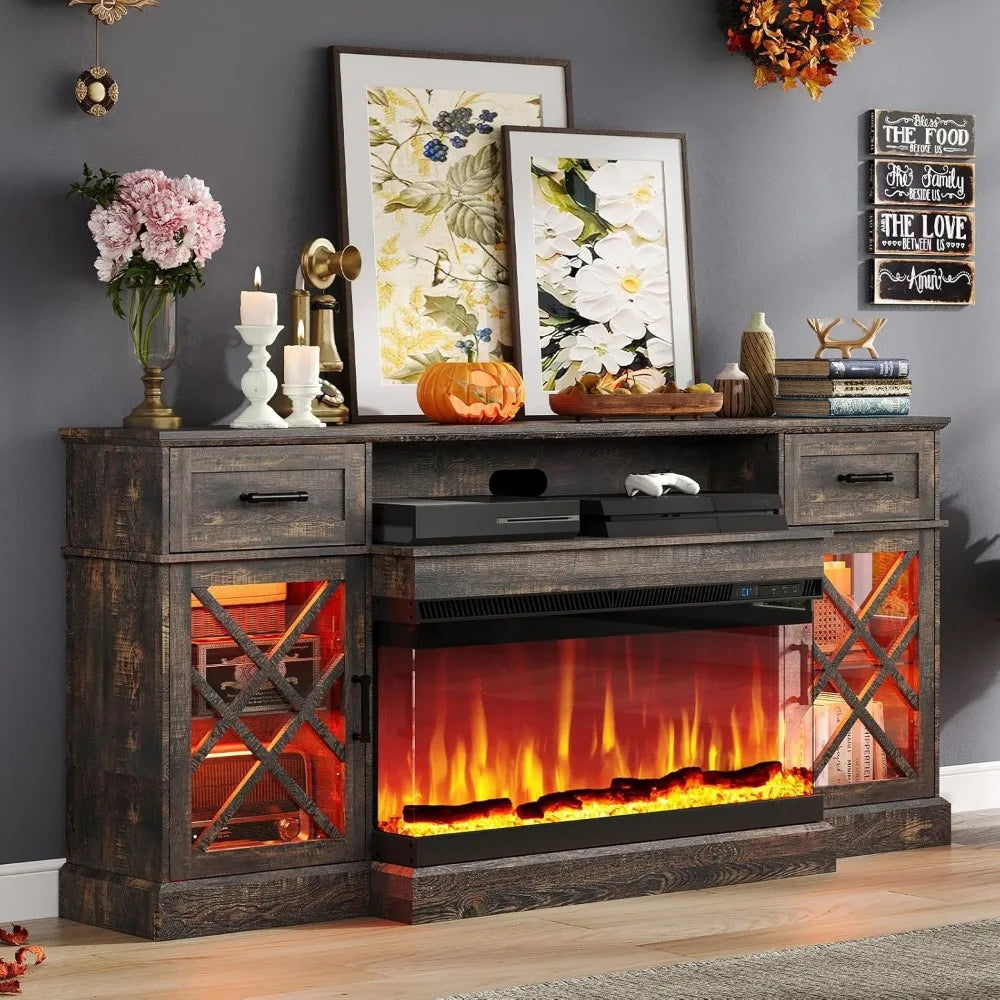 Farmhouse LED Fireplace TV Stand with 3-Sided Glass Fireplace, 70" Large Entertainment Center for TVs up to 80", Rustic TV Cons