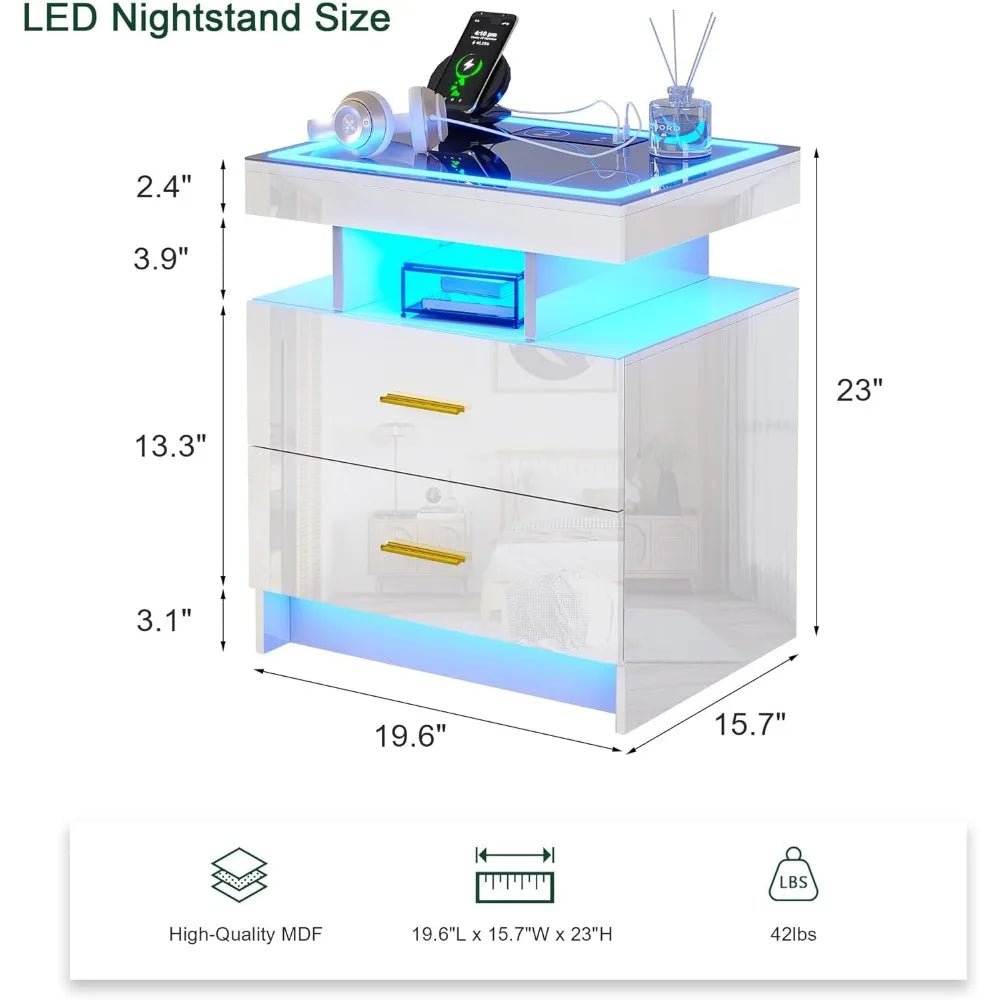 LED Nightstand with Charging Station High Gloss Bedside Table with 2 Drawers, Smart Night Stand with Auto Sensor Lights